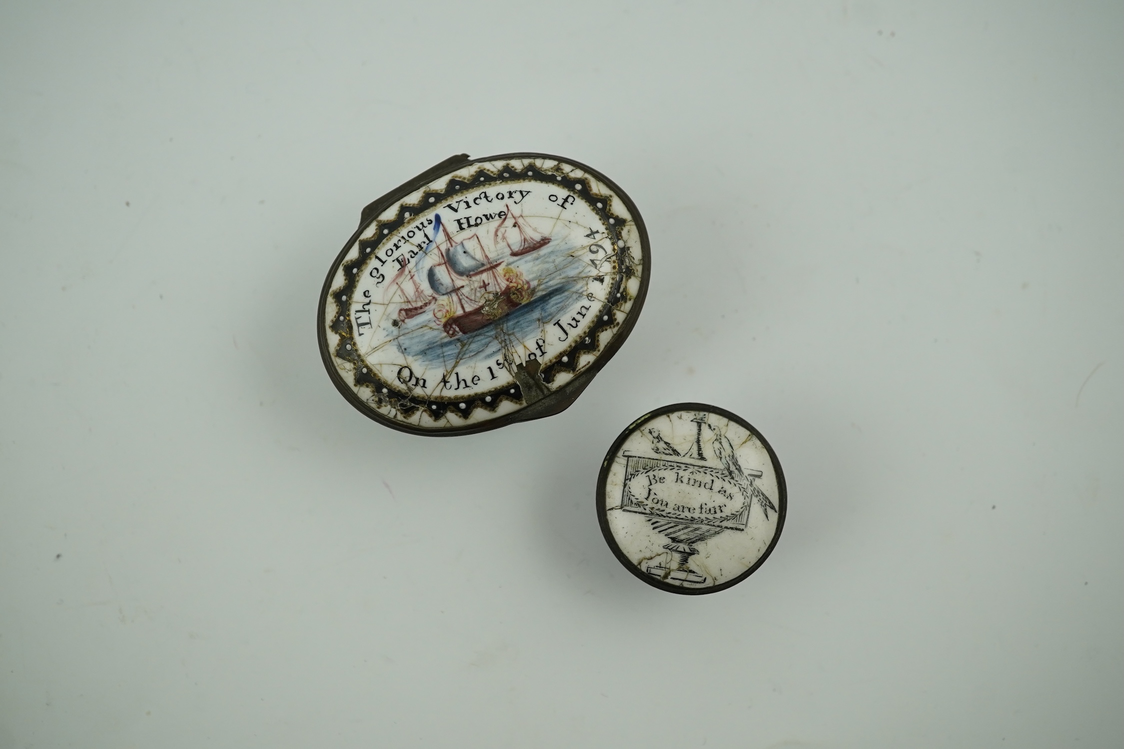 Two 18th century South Staffordshire enamel patch boxes, one inscribed 'The Glorious Victory, Earl Howe, on the 1st of June 1794', the other 'Be Kind as You are Fair', largest 5cm wide. Condition - enamel chipped